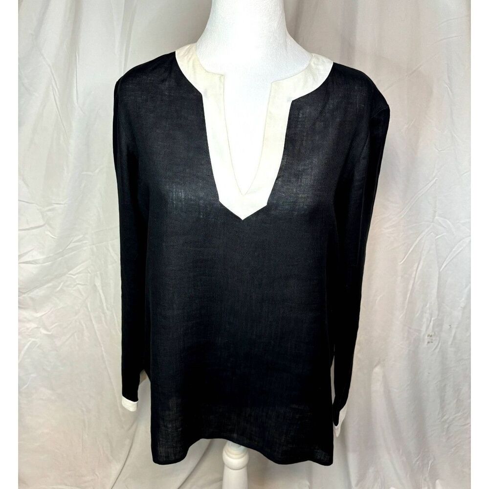Lauren Ralph Lauren Linen Long Sleeve Tunic Top Womens Designer Black White NWOT